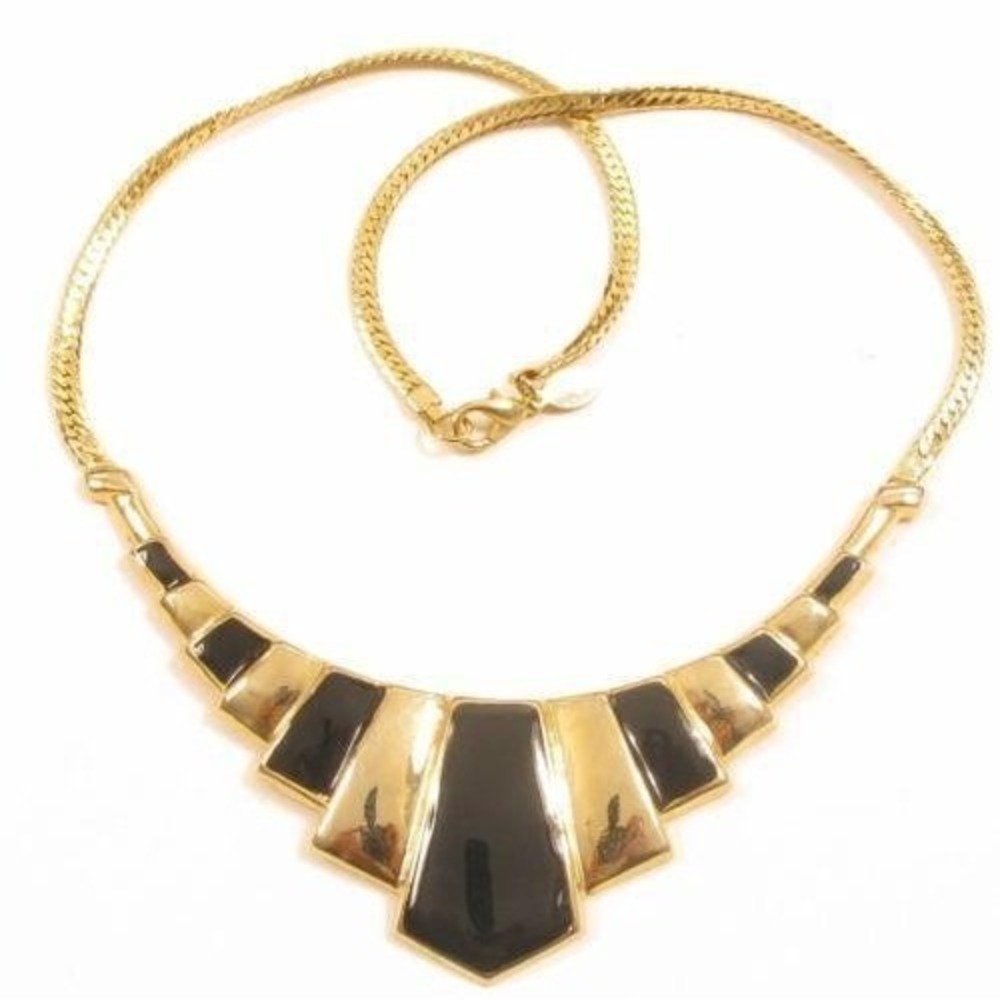 VINTAGE ART DECO GOLD TONE BLACK ENAMEL BIB COLLAR STATEMENT NECKLACE 18.5" INCH